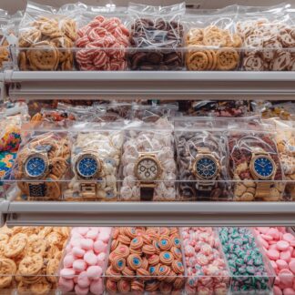 coffret de montres exposé dans des bonbons