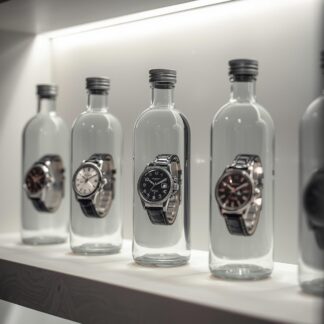 montre exposé dans une bouteille d'eaux en verre.